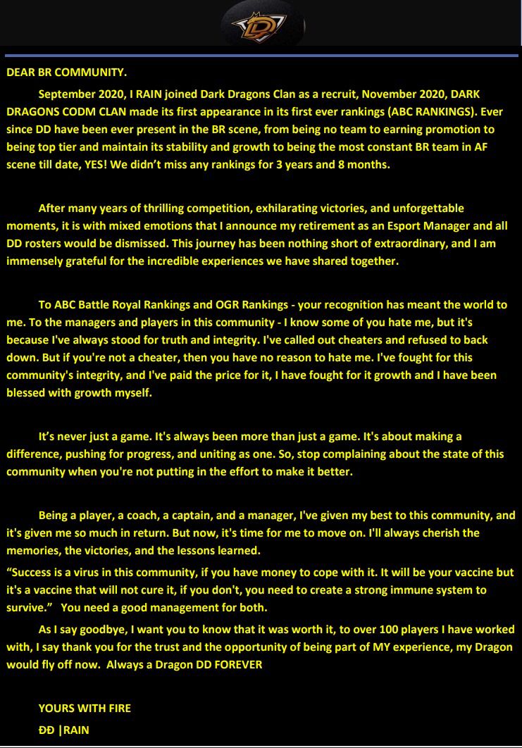 FAREWELL RAIN - A TRUE DRAGON

Today, we say farewell to <a href="/DJSlimwillz/">I AM ŘÃĮŇ 😷</a> as he retires from the competitive scene. As Manager of <a href="/DarkDragonscodm/">Ðark Ðragons CODm</a>, RAIN led the team to greatness. Your dedication to the African Battle Royale scene won't be forgotten. Best wishes in your new endeavors