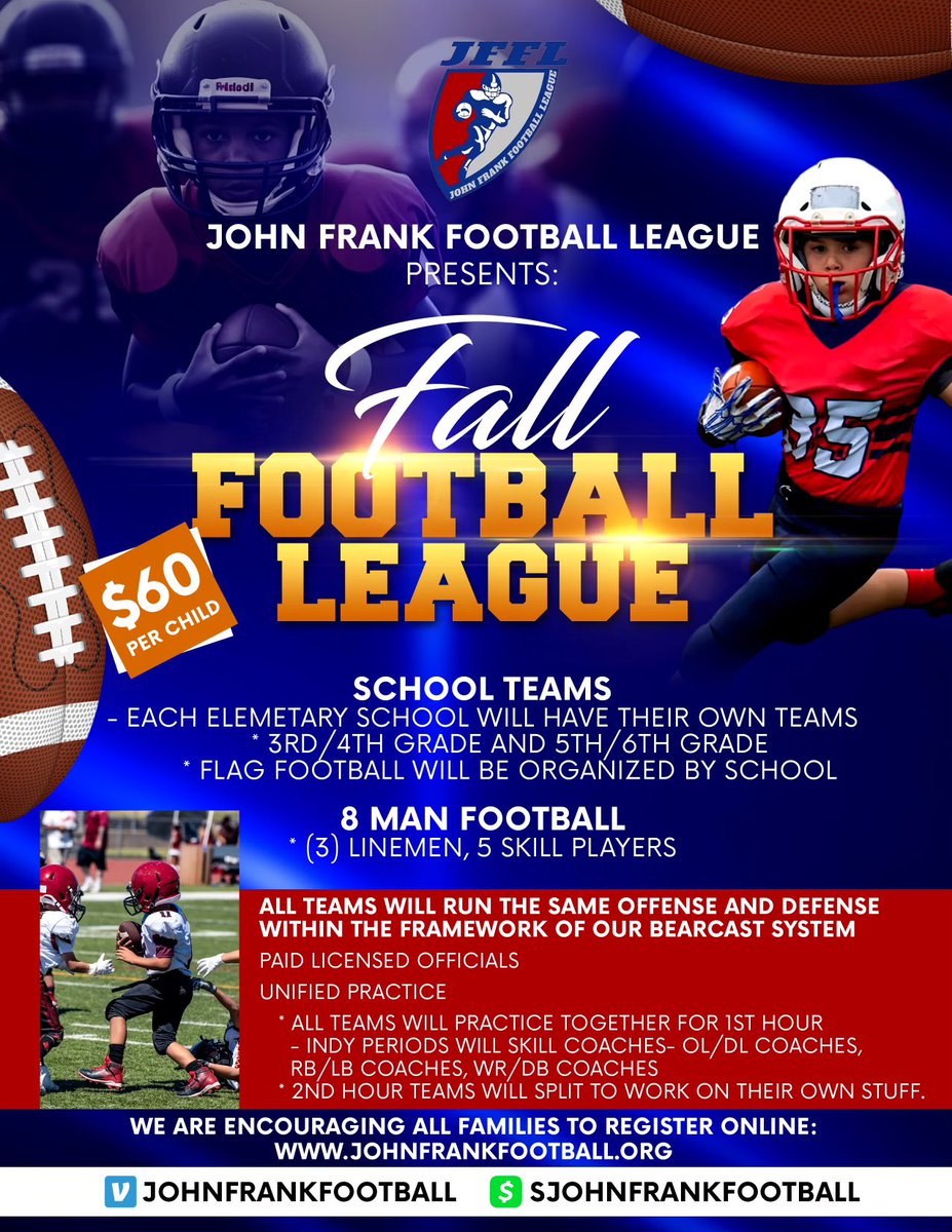 Good morning everyone Fall registration is now open! Get your student athlete, signed up as soon as possible!
$60 for tackle football (Grades 3-6)
$40 for flag (Grades K-2)
<a href="/Coachpadgett71/">Kyle E Padgett</a> <a href="/MuncieSchools/">Muncie Community Schools</a>