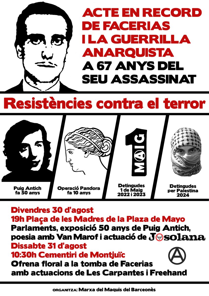 El 30 d'agost, com cada any, farem l'acte en record de Facerias i la guerrilla anarquista, a Nou Barris, on el van matar.
Enguany volem enllaçar l'acte amb altres casos de repressió a les resistències llibertàries contra el terror d'estat.
També tenim una novetat important. 👇