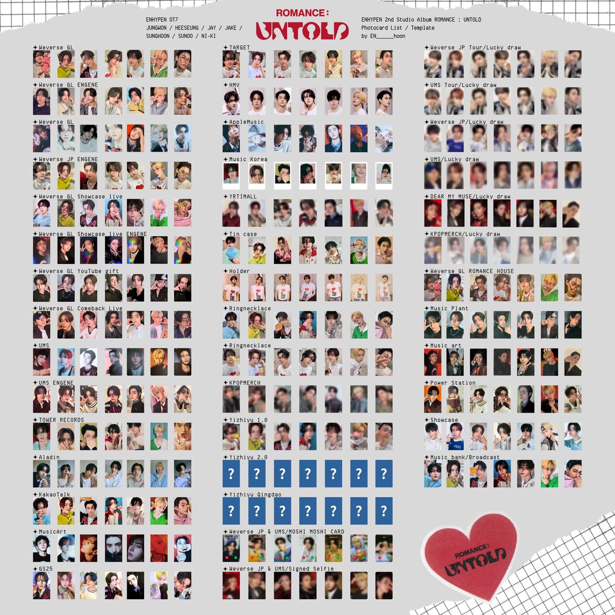 🍥⸝꙳
⁡
ENHYPEN 2nd Studio Album
ROMANCE : UNTOLD
⁡
Benefit
Lucky draw
Video call
Broadcast
⁡
Photocard List｜Template
トレカ一覧｜포카 리스트｜포토카드
⁡
🍥⸝꙳
#ROMANCE_UNTOLD
#ENHYPEN #엔하이픈