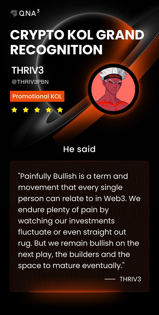 qnaweb3's tweet photo. 🚀 The Crypto KOL Grand Recognition is here! Our cutting-edge AI has delved into recent statements from top KOLs, and the insights will power our game-changing token sentiment analysis feature.

🔥In this electrifying edition, KOL
@THRIV3PBN 
has been crowned as "Promotional KOL".

This KOL is bullish on projects that demonstrate strong community engagement, innovative potential, and active development. They remain optimistic even during market downturns, emphasizing the importance of long-term growth and community support. For example, they are consistently bullish on BORPA due to its active community and continuous project updates. Conversely, they avoid projects that lack community interaction or show signs of stagnation.

💥Which Crypto KOLs would you like to know more about? Drop their names in the comments, and look forward to more thrilling analysis results!

#QnA3 #AI #KOL $GPT