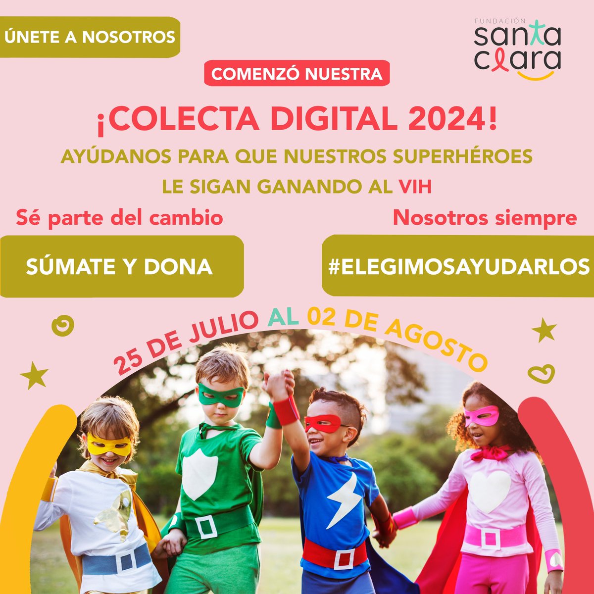 ¡Empezó esta semana con todo! Tenemos el gran desafío de lograr recaudar lo mayor posible para llegar a una nueva meta en esta colecta digital 2024 desde hoy 25 de julio al 02 de agosto💪🏻🌟

colectasantaclara.donando.cl/alcancia/43239

#colectadigital #vih #sida #fundacionsantaclara