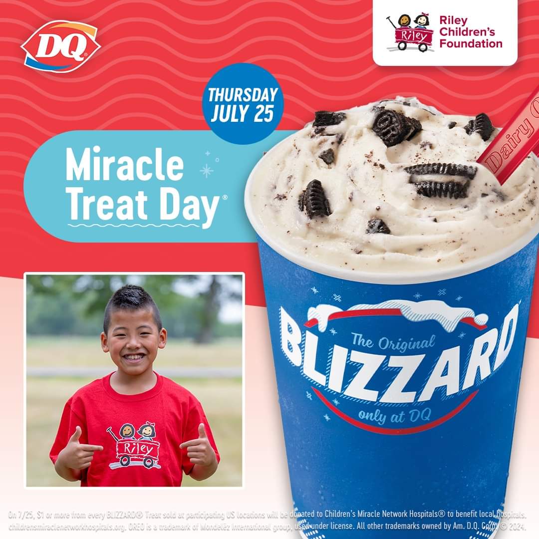 JanThoman1's tweet photo. The sweetest day of the year is here to help #Rileykids! $1.00 or more from every BLIZZARD sold will support @CMNHospitals. Riley is the only CMN Hospital in Indiana. #RileyMTD https://t.co/vnybMExqWE