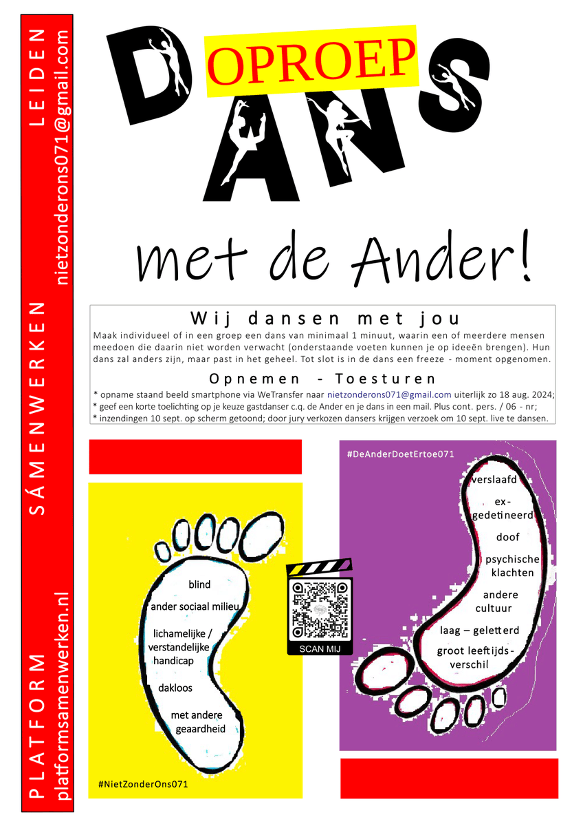 Komende dagen geldt: 

OPROEP DANSEN: Individueel of groep dans min. 1 minuut maken waarin een/meerdere mensen meedoen waarvan jij het idee hebt dat die ander Anders is, niet past binnen jouw wereld om welke reden ook. Info: platformsamenwerken.nl/nietzonderons0…
#IedereenDoetErtoeDans071 
🙏🌻