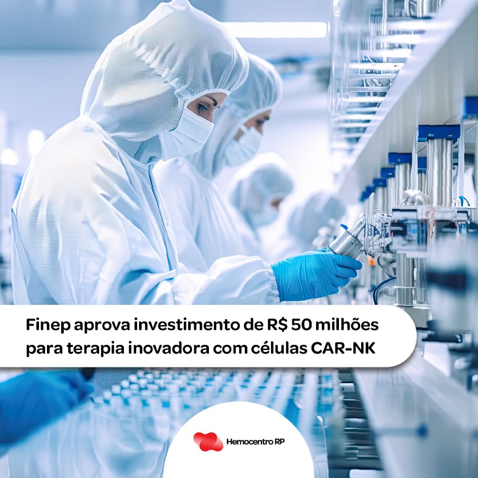 O <a href="/hemocentrorp/">Hemocentro RP</a> vai receber um investimento da <a href="/Finep/">Finep</a> de quase R$ 50 milhões para o desenvolvimento da terapia com as células CAR-NK, voltada para o tratamento do câncer.

O incentivo foi conquistado com a aprovação no edital "Mais Inovação Brasil"! 👉bit.ly/3LFcJFw