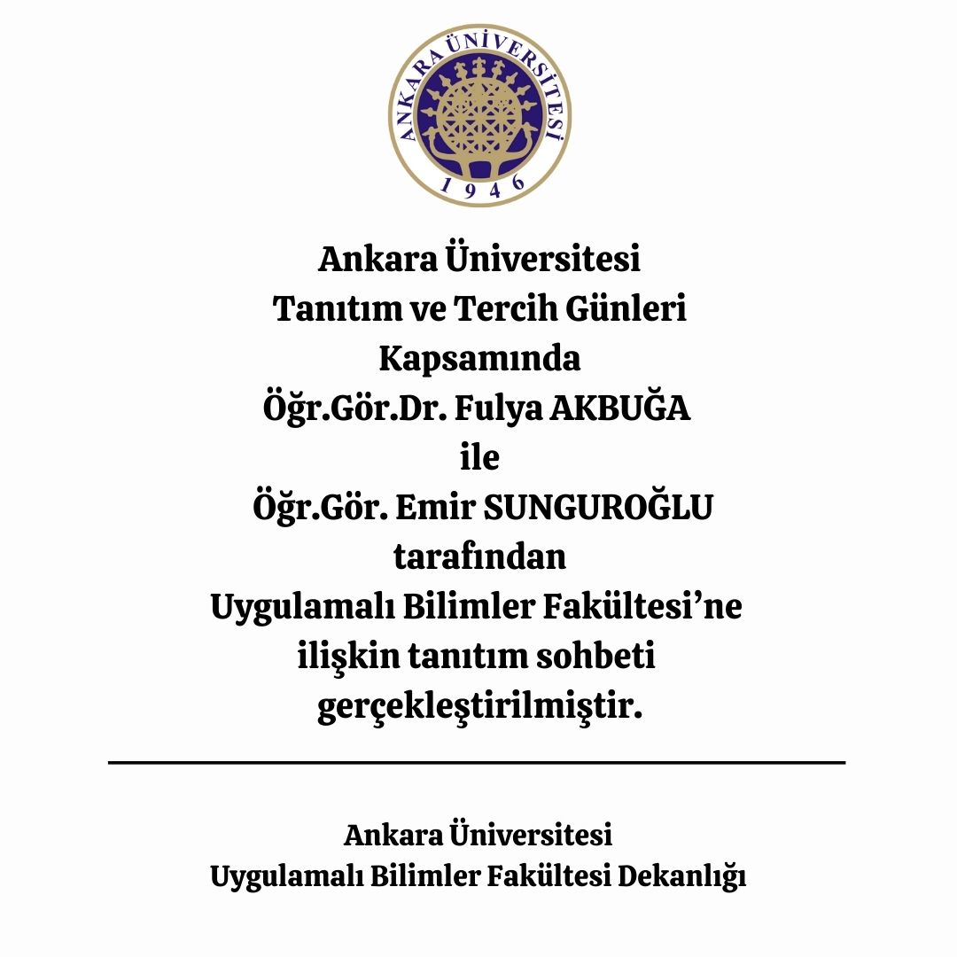 Ankara Üniversitesi Tanıtım ve Tercih Günleri Kapsamında Öğr.Gör.Dr. Fulya AKBUĞA ile Öğr.Gör. Emir SUNGUROĞLU tarafından Uygulamalı Bilimler Fakültesi’ne ilişkin tanıtım sohbetine aşağıdaki linkten ulaşabilirsiniz.
youtube.com/live/8PYSzXjL3…
#ykstercih2024 <a href="/ysm006/">Prof.Dr. Yeşim Aliefendioğlu</a> <a href="/AnkaraUni/">Ankara Üniversitesi</a>
