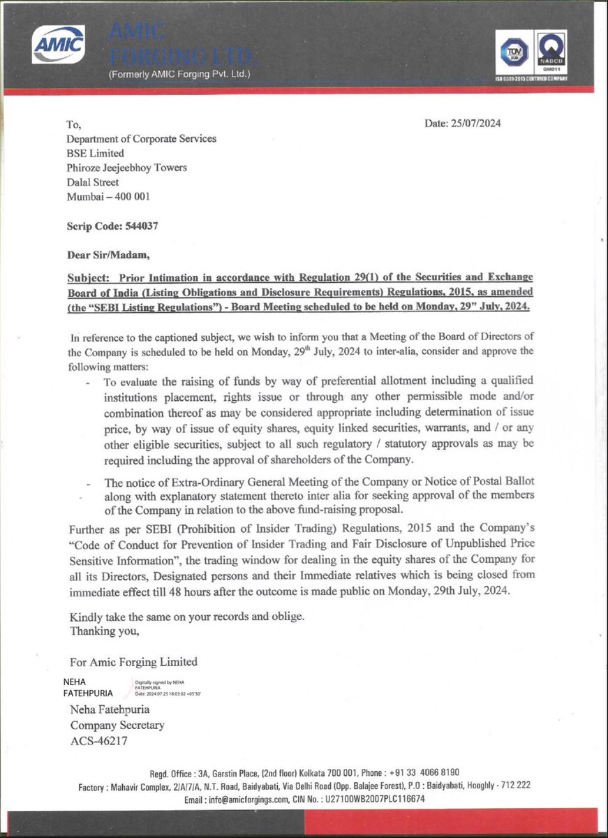 iamdeepakparvat's tweet image. #Amicforging to meet on 29th July24 for consideration and approval of #preferential #allotment. #Stocks #sme #SMEs #SME #smallcap #Microcap #Multibagger