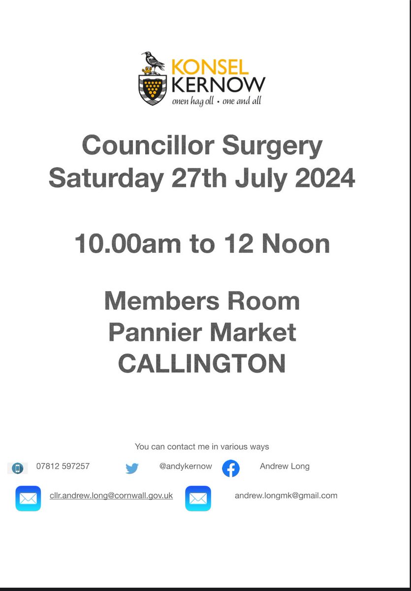 This Saturday we have another <a href="/MebyonKernow/">The Party for Cornwall</a> <a href="/CornwallCouncil/">@cornwallcouncil</a> surgery in the <a href="/CallingtonTC/">Callington TC</a> pannier Market 10am to 12 noon #mkinaction
