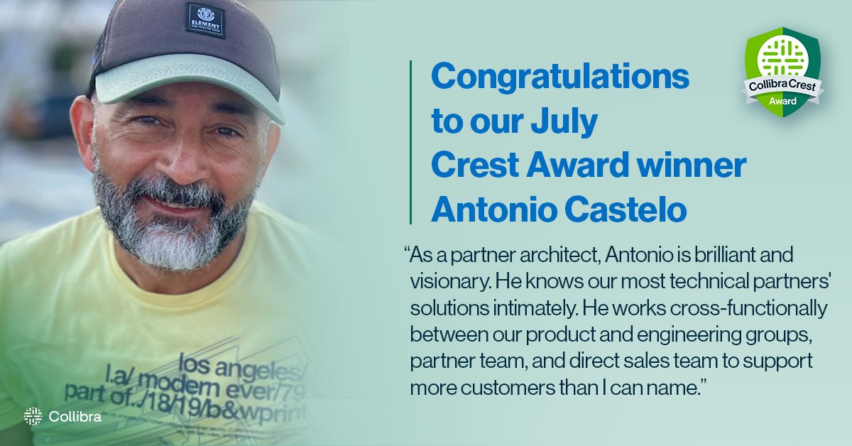 collibra's tweet image. 🎉 Congrats to our July Crest Award winner, Antonio Castelo! Antonio, a Sr. Manager &amp;amp; Product Integration Architect from Spain, is praised as an indispensable contributor. His brilliance and vision in partner architecture support countless customers 👏 

#OneCollibra
