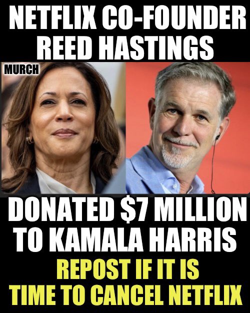 TheEXECUTlONER_'s tweet image. Netflix Co-Founder Reed Hastings donated $7 million to Kamala Harris. 

There are plenty of other streaming options available. 

You know what to do Patriots. Hope Hastings enjoys his backing of VP Harris. 

Make him feel it.