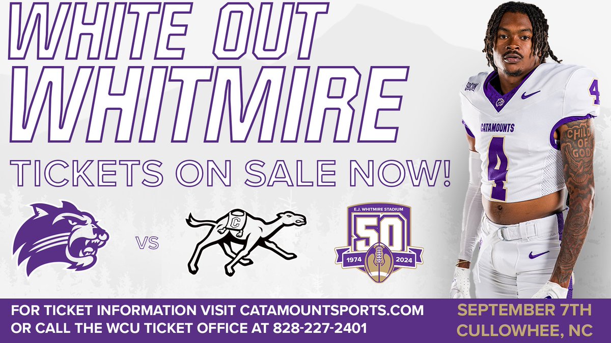 Catamounts's tweet image. Attention Catamount fans! Single game tickets and parking for our #WhiteoutWhitmire home opener on September 7th are on sale now! Visit catamountsports.com or call 828-227-2401 to secure your tickets today. #Whitmire50