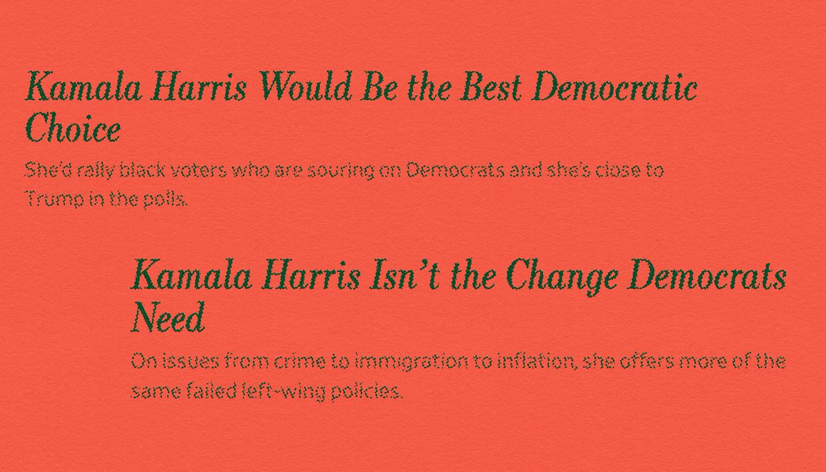 ParkerMolloy's tweet image. Before Biden dropped out, a columnist wrote, "Kamala Harris Would Be the Best Democratic Choice." After Biden dropped out, the same columnist wrote, "Kamala Harris Isn't the Change Democrats Need." This sort of cynicism is what's wrong with punditry. readtpa.com/p/when-pundits…