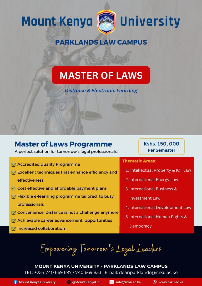 MKU_LawSchool's tweet image. Elevate your legal expertise with MKU&apos;s prestigious Master of Laws program this September 2024! Immerse yourself in advanced legal studies, guided by top-notch faculty, and collaborate with a vibrant community of aspiring legal professionals. #SeptemberIntake2024  #MasterofLaws