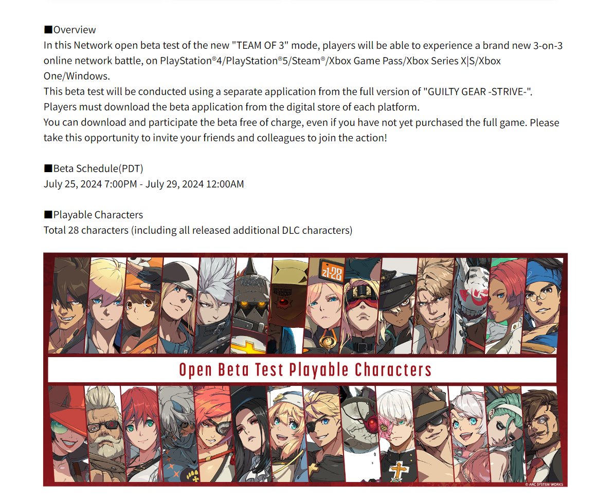Wario64's tweet photo. Guilty Gear -Strive- Team of 3 Network Open Beta Test download is up (free for everyone. Game/PS+/XBL Gold not required)

US PSN https://t.co/3tt6lAoLVl
Steam https://t.co/h1HrM58AWw
XBL https://t.co/EMh6dnvCM4

Begins July 25, 7PM PT

More info: https://t.co/0R0zNUEaLB https://t.co/awkUyKEFuI