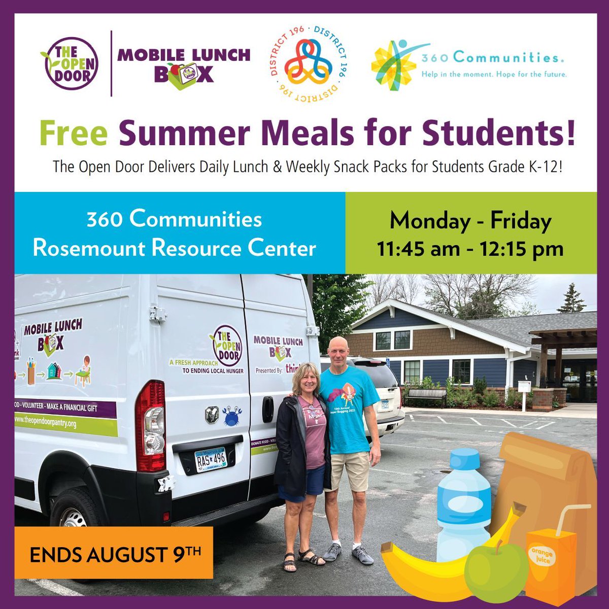 Thanks to Steve &amp; Lynn Schneider for volunteering this summer to deliver free lunches to Dakota County students in grades K-12. 🍎 The <a href="/opendoormn/">The Open Door</a> Mobile Lunch Box stops at our Rosemount Resource Center 11:45 am - 12:15 pm Mon - Fri thru 8/9/24. Address: 14521 Cimarron Avenue W