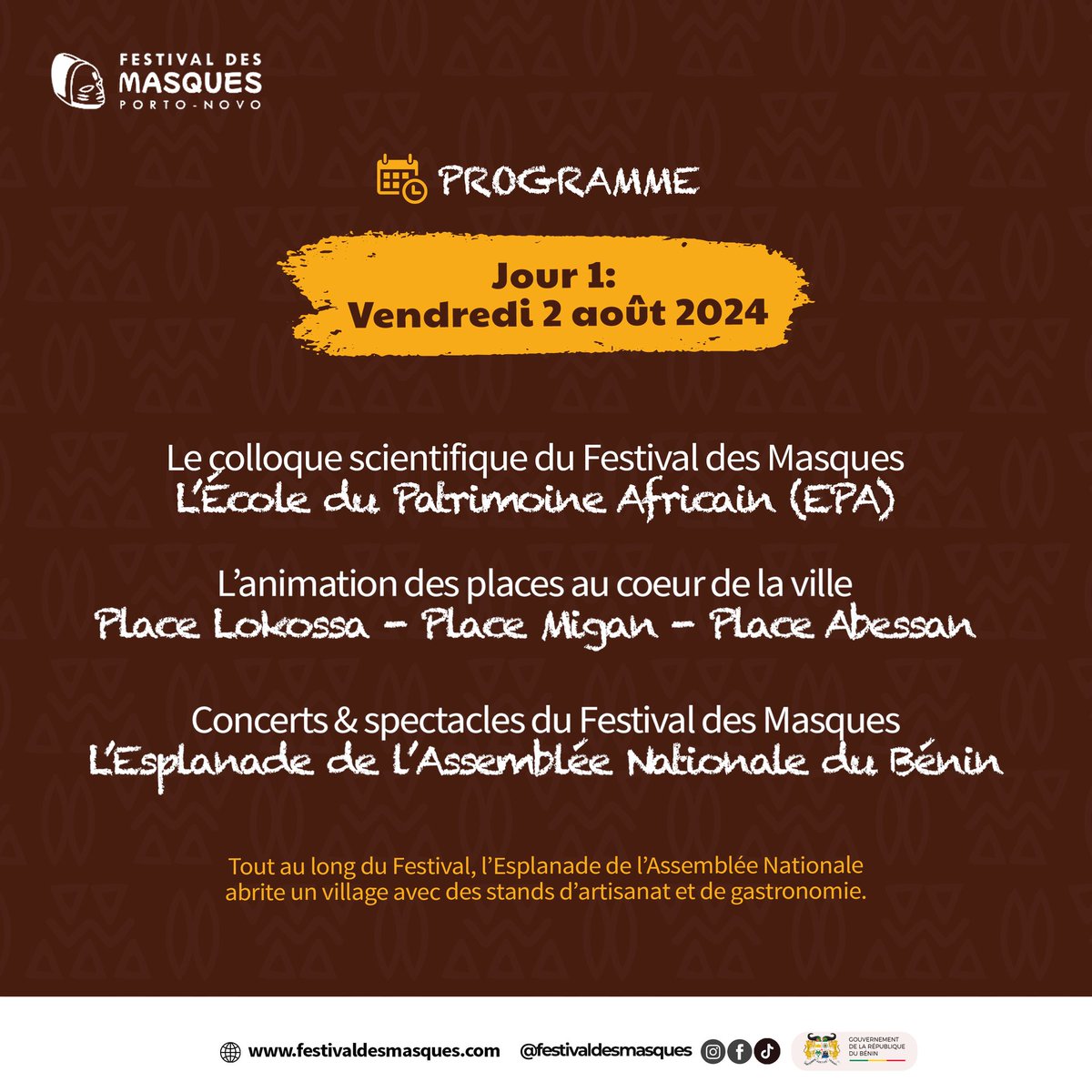 gouvbenin's tweet image. 🚨📢⏳🇧🇯 ÊTES-VOUS PRÊTS À VIVRE L’EXPÉRIENCE #FESTIVALDESMASQUES ⁉️ 

Ne manquez pas l’évènement culturel incontournable du mois d’Août 2024 et faites massivement le déplacement sur Porto-Novo pour découvrir un spectacle unique et la procession de Masques sacrés et profanes.