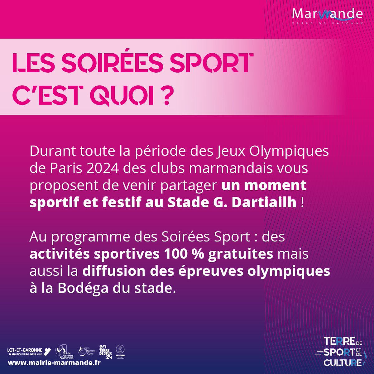 VGxperience's tweet photo. 🔥#Marmande s'enflamme pour Paris 2024 !🔥
📣Le 26/07 journée sport au stade Dartiailh.  
✨Le soir, rdv devant la cérémonie d'ouverture sur grand écran.✨+ d'infos👉 https://t.co/GLsxJqHPDg
📣Quinzaine du sport + d'infos https://t.co/7lWAdDAKa2
#valdegaronne #JO #vgxperience https://t.co/Tl445YWEbI