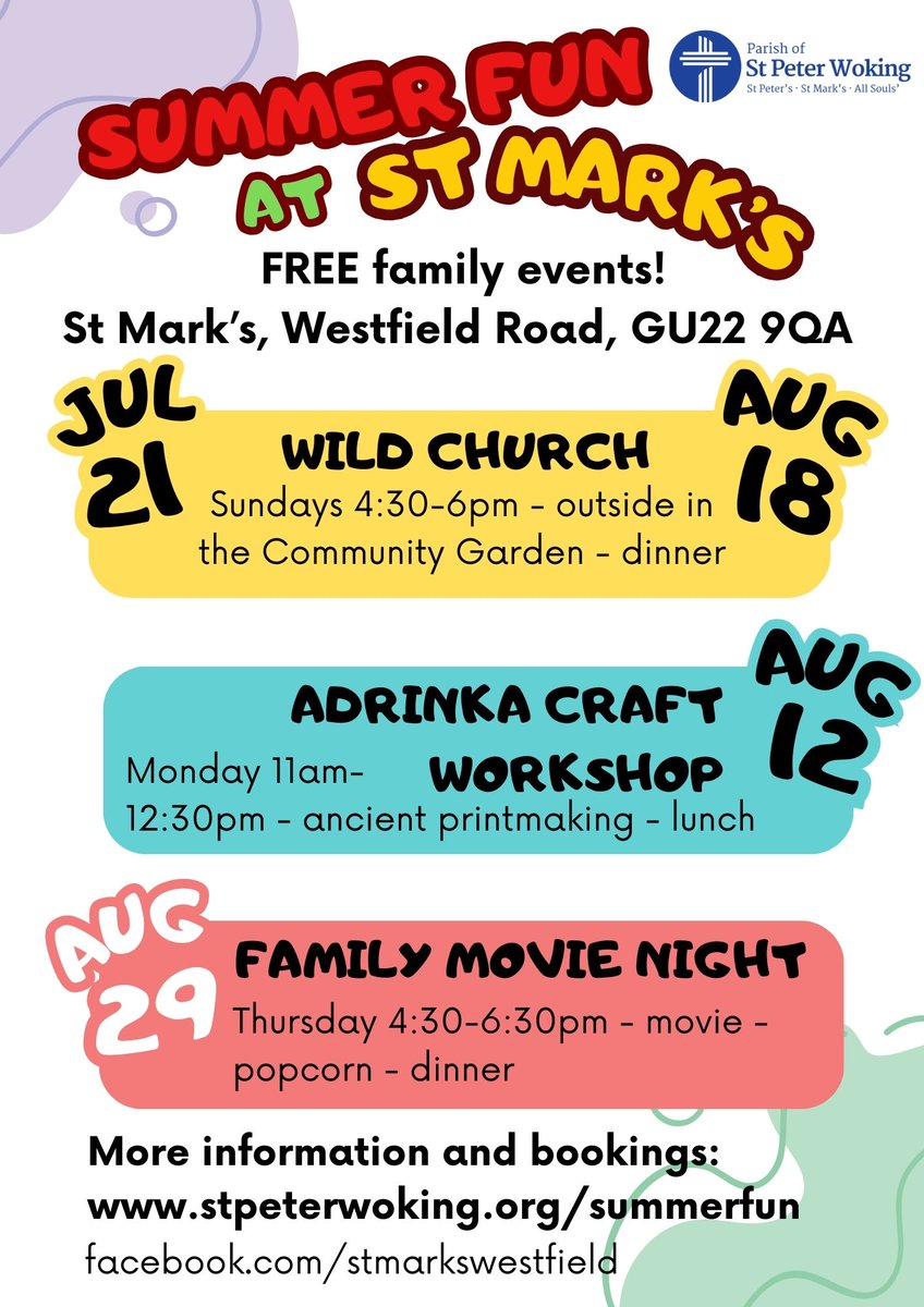 StMarksWoking's tweet photo. Wondering what to do this summer? Have a look at our FREE events at St Mark's, Westfield #whatsonwoking #summerfun #woking https://t.co/iDLCgWGJYX