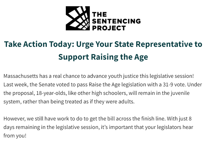 SentencingProj's tweet photo. In Massachusetts? Take action &amp; urge your representative to support Raise the Age: https://t.co/ttnRtmalqa https://t.co/OogdjHNeWt