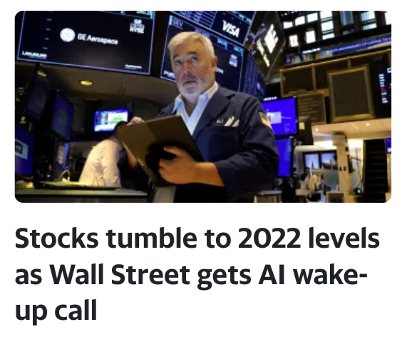 "Stocks tumble to 2022 levels"

That's interesting because here is where the S&amp;P 500 traded in 2022 👇

📈4,796
📉3,577
🏁3,839

Today the S&amp;P is at 5,422 so

We are 13% higher than the 2022 📈, 41% higher than the 2022 🏁, and 51% higher than the 2022 📉