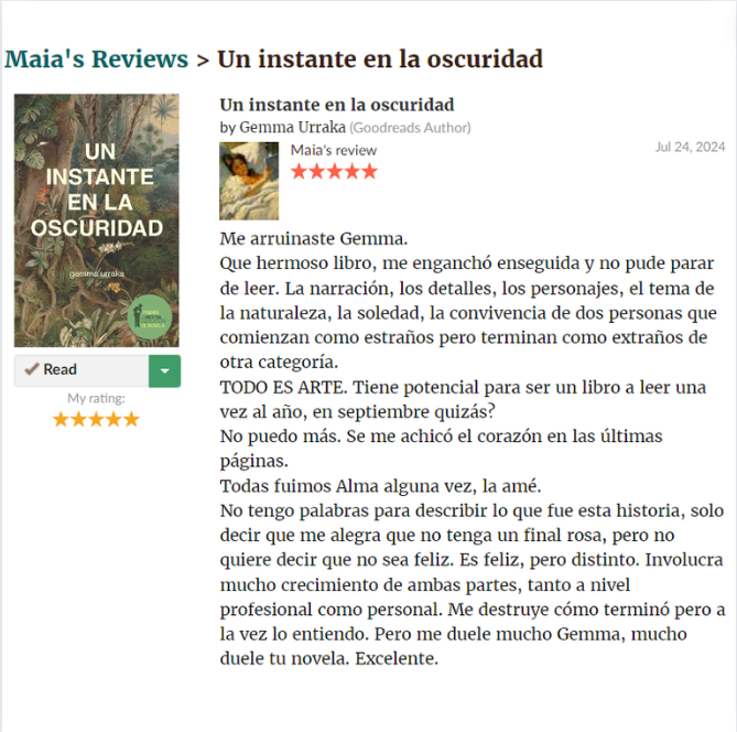 labestiae's tweet photo. 5 estrellas para 'Un instante en la oscuridad' de Gemma Urraka por parte de Maia en Goodreads
https://t.co/HCVB9YgkkC https://t.co/B47nD6Oj6v