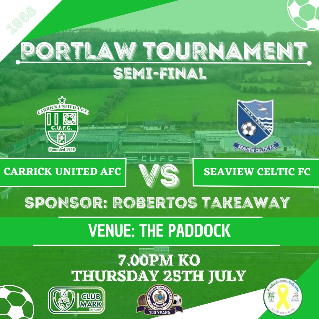🟢1A Pre Season⚪️
Best of luck to our 1A team this evening as they face Seaview Celtic in the Semi-final of the Portlaw tournament. The lads have started pre season well and would appreciate a crowd out at the Paddock Portlaw this evening to show your support🟢⚪️