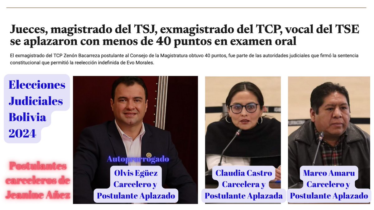 Tres de mis carceleros fueron habilitados como postulantes a ocupar altas magistraturas del sistema judicial boliviano y se aplazaron en el examen público de conocimiento constitucional. 
Ésa es la calidad de jueces del MAS que persigue y condena a los presos políticos en Bolivia