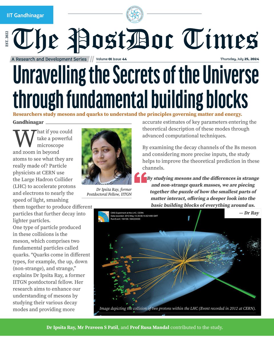 iitgn's tweet photo. Have you ever wondered what lies beyond hashtag #atoms? Dr Ipsita Ray, a former postdoctoral fellow at IITGN, focuses on hashtag #mesons, an entity made of two quarks. Using hashtag #AdvancedComputational studies, Dr Ray studies their various decay modes, shedding light on the https://t.co/HRwPfkicby