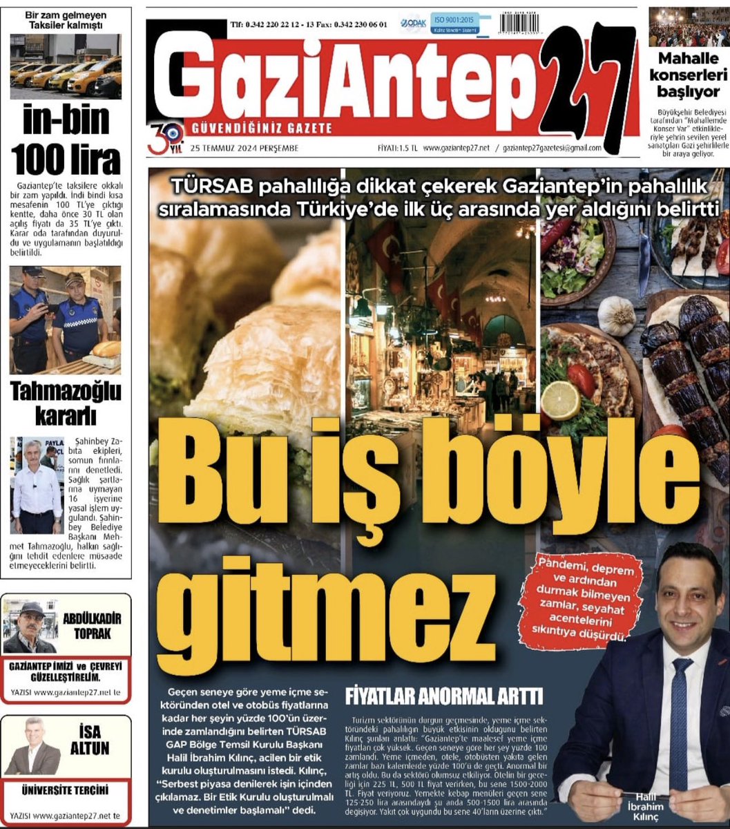 Türkiye Seyahat Acentaları Birliği verileri (TÜRSAB) Gaziantep’in en pahalı ilk 3 şehir arasında olduğunu söylüyor. 

“Gaziantep pahalı değil” diyenler utanır mı?