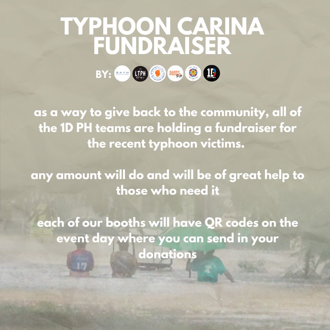 HarryPromoPH's tweet photo. Let's let them know that they are not alone. 

The 1D PH Teams have coordinated a fundraiser for the victims of typhoon #CarinaPH. Give what you can; every donation counts. Our booths will have QR codes on the event day where you can send in your donations.

#14YearsWith1DatAMMB https://t.co/LEvvjM1qJp