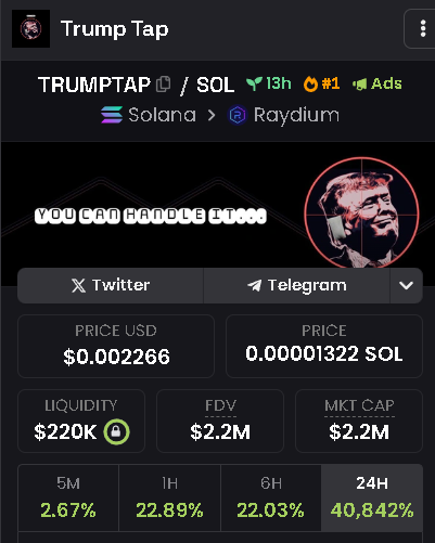 trumpsnipertap's tweet photo. $TRUMPTUP top 1 on DexScreener! 🔥
Let's go to explore other platforms and exchanges!

🇺🇸 Make America Earn Again!🇺🇸
CA: 7oUMZnv9fzQuiAvRjUFbToVQs9MabABRJLoZCimLsRqk

#TRUMP #T2E #Solana #crypto #game #TapToEarn https://t.co/HAE3NyJwl9