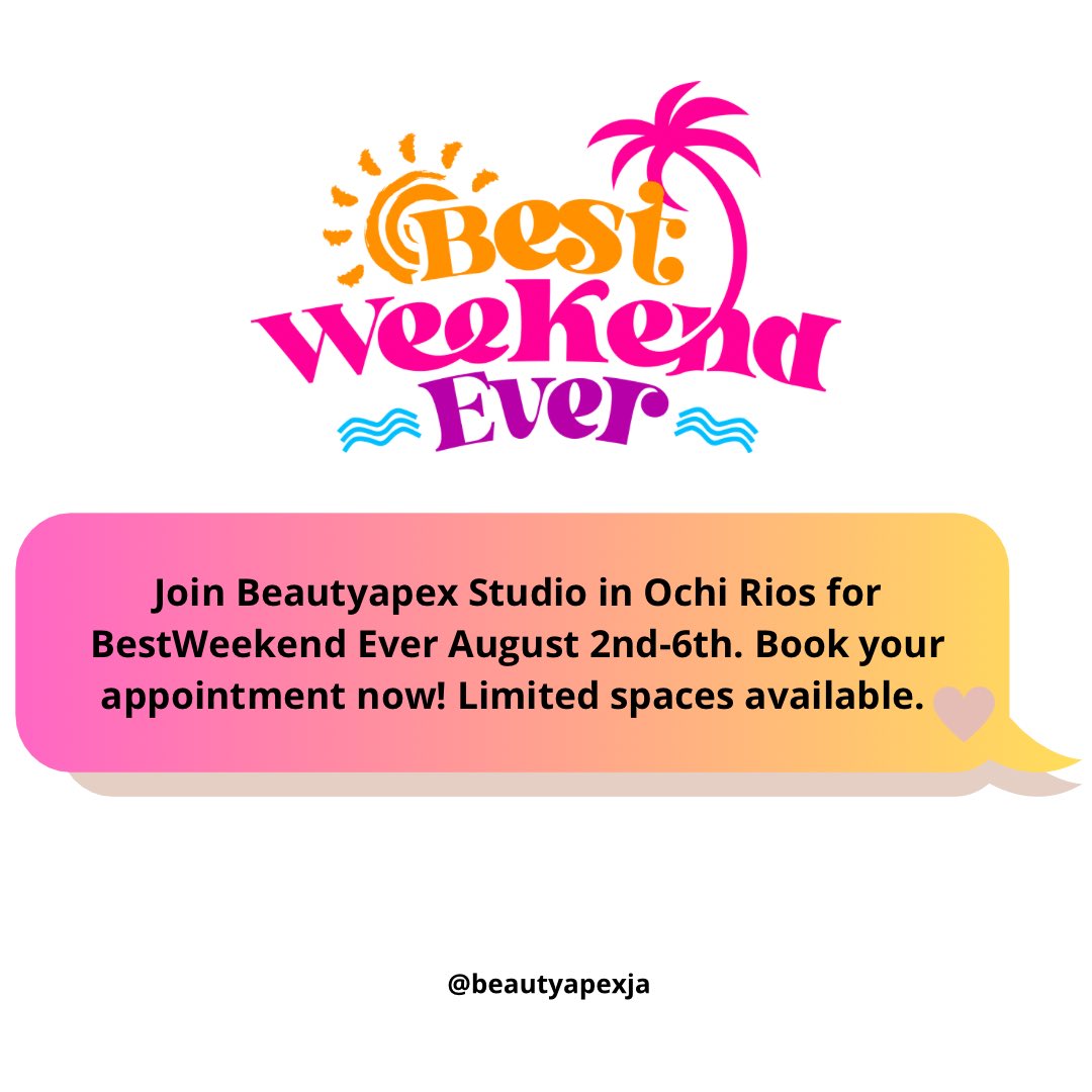 apexbosss's tweet image. Join us in Ochi Rios for Best Weekend Ever!
Book Your Appointment Using the "Book Now" Button or WhatsApp +1(658)203-02441. 
IG: BeautyApexJa
#bestweekendever #milkandhoney #latecheckout #zimisehbeach #ilovesoca
#DayBreak #riseandtoast #allure