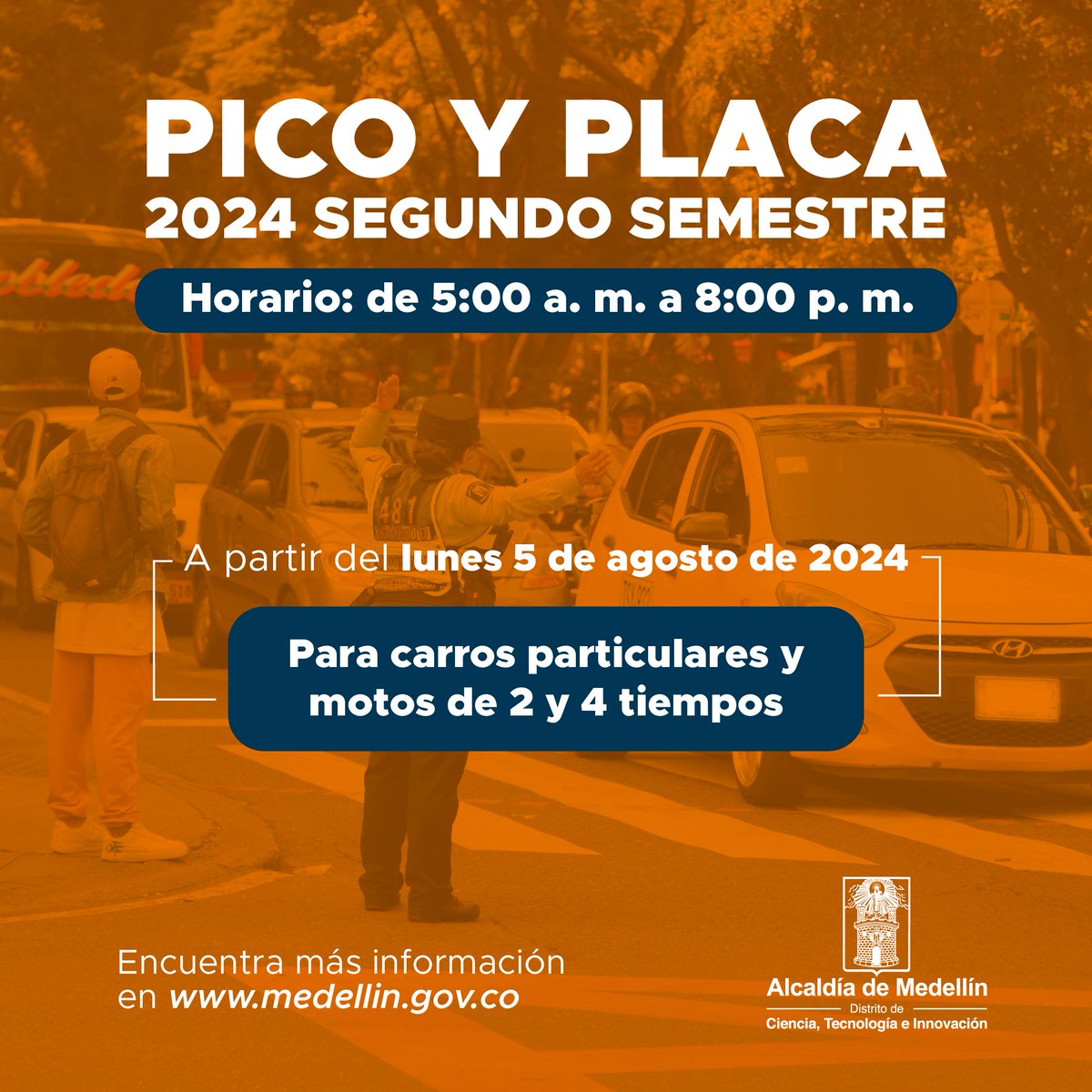 movilidad_med's tweet photo. 🚨Este lunes 5 de agosto comienza la nueva rotación del #PicoYPlacaMED para el segundo semestre de 2024, para carros particulares y motos de 2 y 4 tiempos 🚙🛵🏍.

ℹ La medida empezará a regir de forma pedagógica por una semana y será sancionatoria a partir del 12 de agosto. https://t.co/9c6ZATlB0o