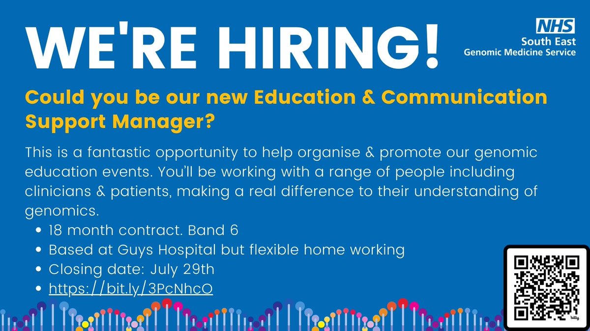 We are #hiring!

Could you be our new Education &amp; Communications Support Manager?

You'll organise &amp; promote our education events, making a huge difference in our bid to encourage &amp; educate the NHS workforce to embrace genomics. 

bit.ly/4ftx7Y6

#NHSjobs #jobs