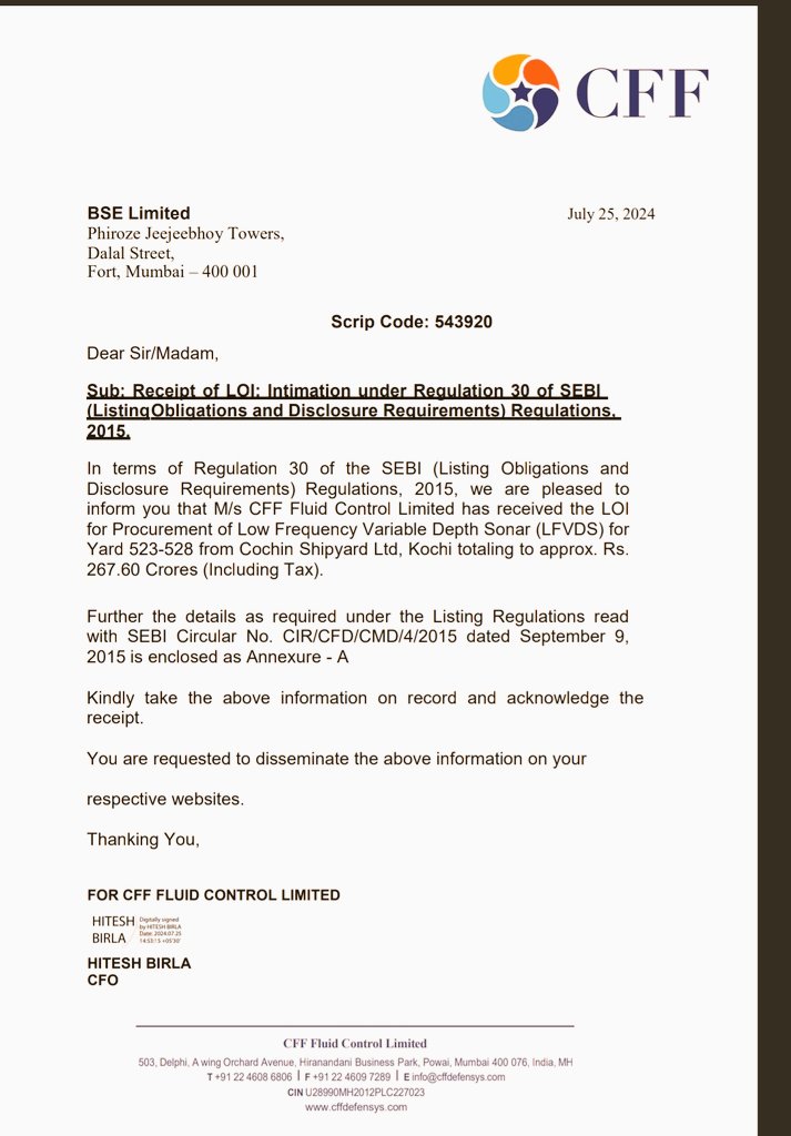tejas485585's tweet image. #CFFFluidControl Limited has received a Letter of Intent (LOI) from Cochin Shipyard Ltd, Kochi, for the procurement of Low Frequency Variable Depth Sonar (LFVDS) for Yard 523-528. The total value of this order is approximately ₹267.60 Crores.✌️✌️
#stockmarketsindia