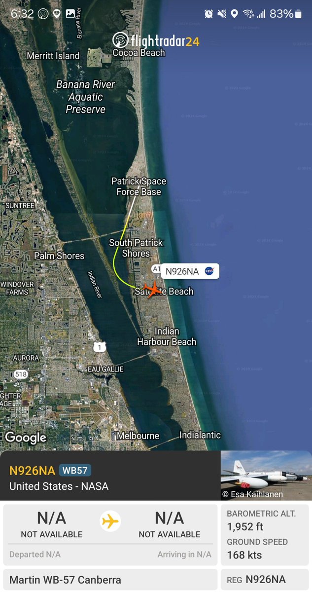 Borrowed7Time's tweet photo. NASA WB-57 N926NA #ACD581 as NASA926 out of Patrick Space Force Base, FL. Looks like all the players are in the air now.
@sipjack1776 @norb420 https://t.co/gdv0Mpm13j