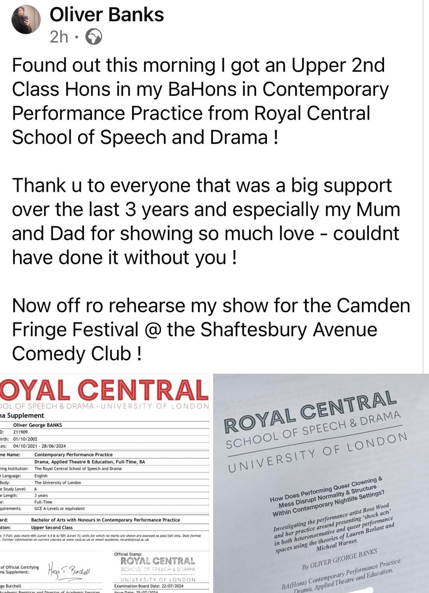 liverbird45's tweet photo. Congratulations Olli Banks you did it! 2:1 in Contemporary Theatre from Royal Central School of Speech and Drama. 🎭 https://t.co/QryvZT3ggc