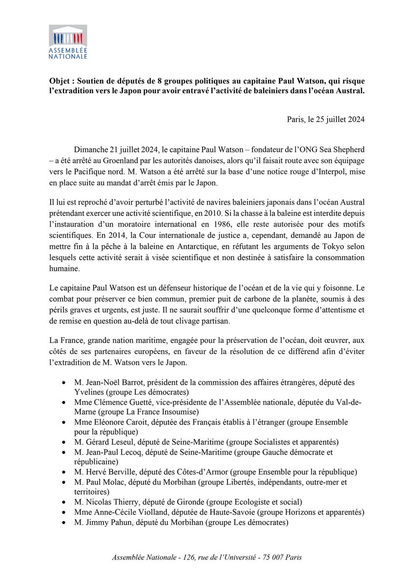 Nous sommes 10 députés de 8 groupes politiques à soutenir Paul Watson, fondateur de l'ONG Sea Sheperd, qui risque l'extradition vers le Japon.

Heureux de cette initiative transpartisane, la protection de l'Océan dépasse les clivages !