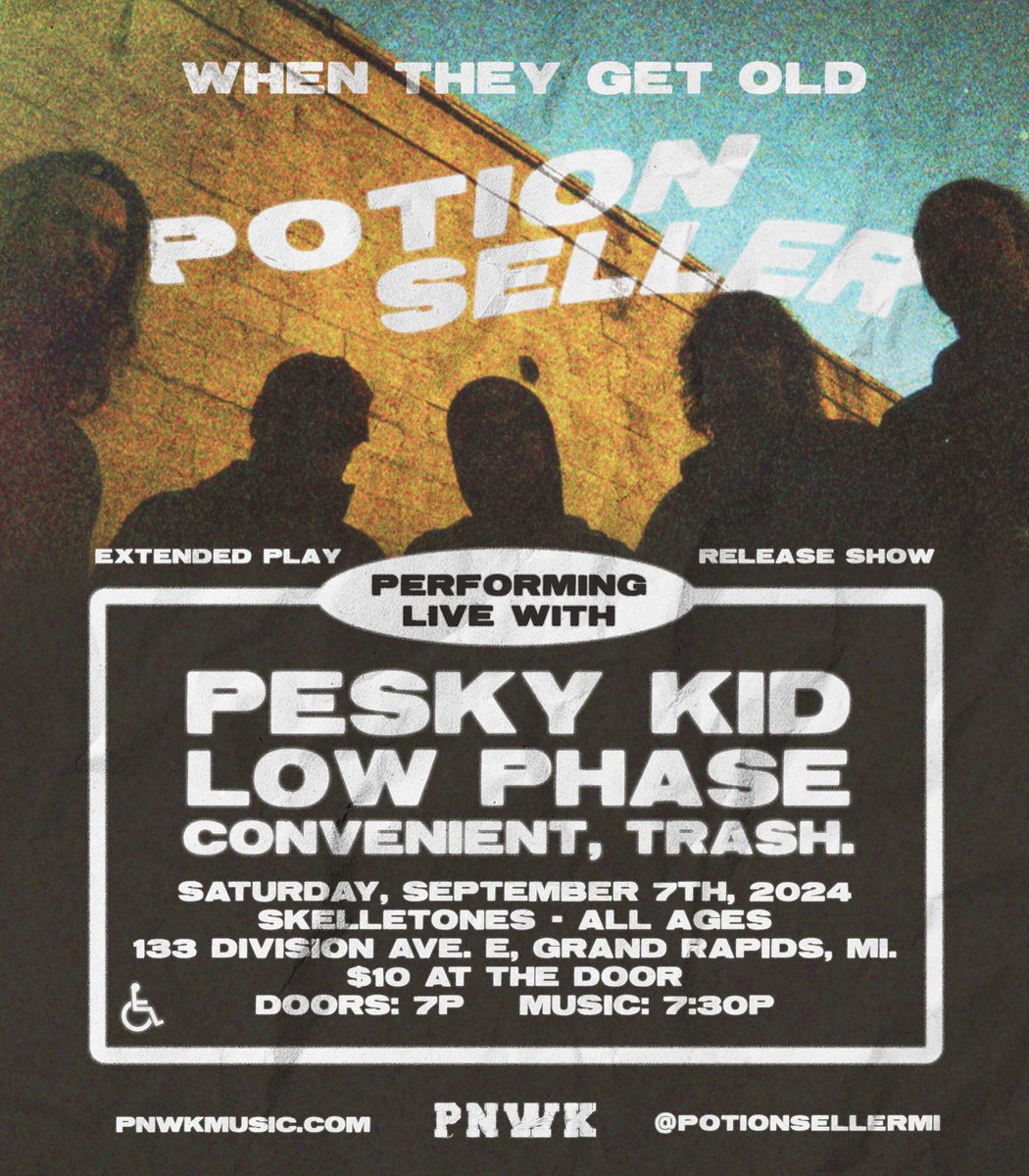 Our EP release show is September 7th in Grand Rapids! Insane lineup for an insane evening

Come and bring a friend

Tickets: eventbrite.com/e/potionseller…

<a href="/peskykiddd/">Benjamin Champagne</a> 
<a href="/ConvenientTrash/">Convenient, Trash.</a> 
<a href="/lowwphase/">⭐️🐶 Low Phase ⭐️🐶</a> 

<a href="/PNWKrecords/">PNWK</a>
