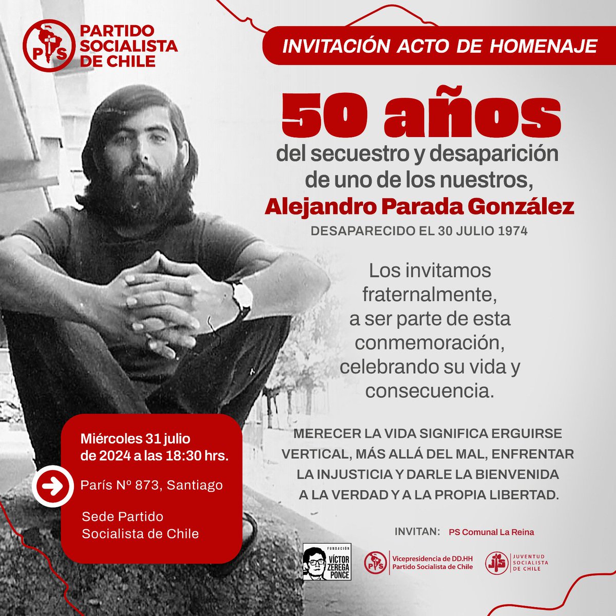 PSChile's tweet image. Te invitamos al acto de homenaje a 50 años del secuestro y desaparición de Alejandro Parada