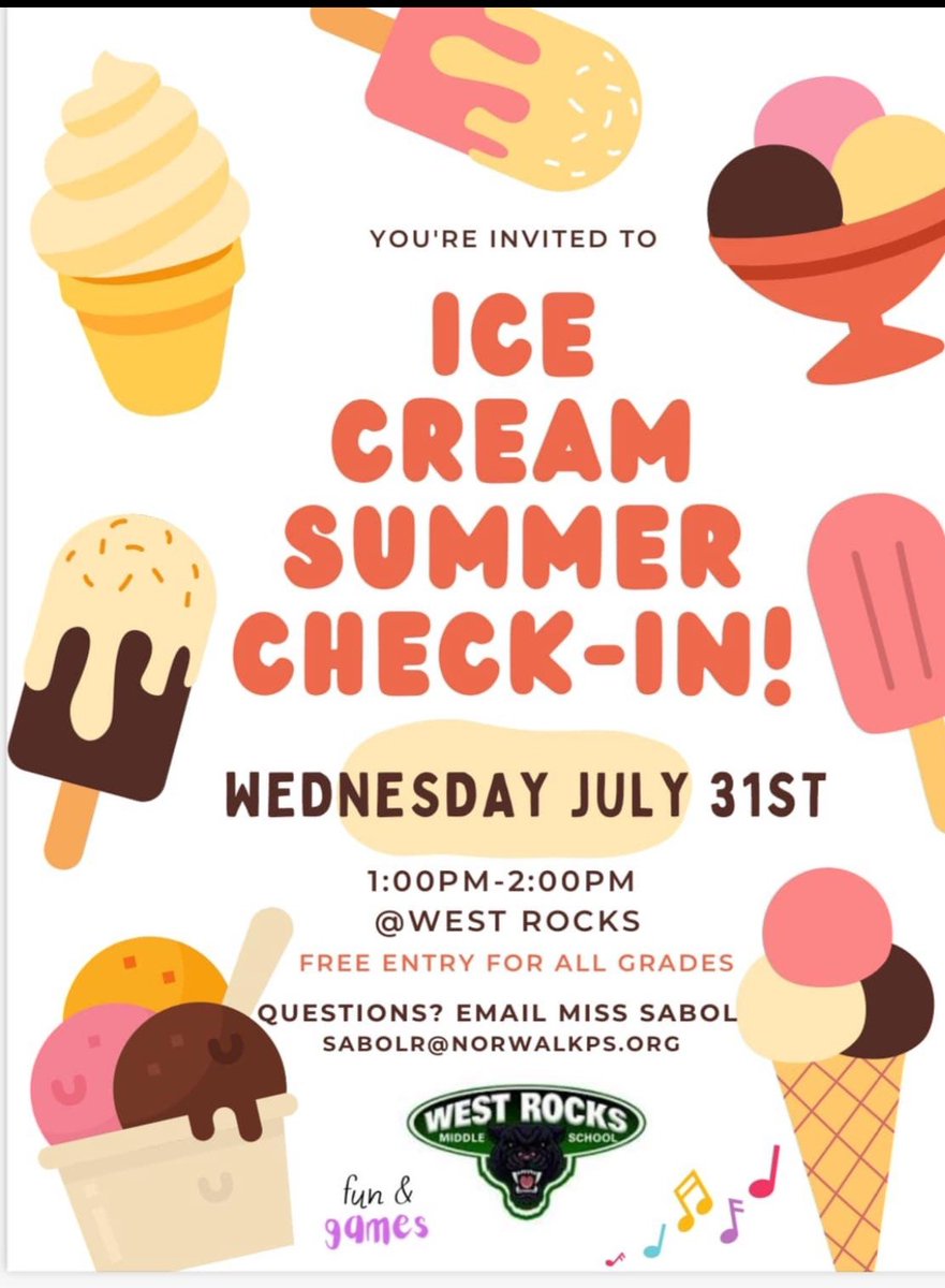 Hope all of our Panthers are  having a wonderful summer! Come join us for a Summer Check-In on Wednesday July 31st at 1:00PM. Come meet incoming students and current students! Ice Cream, Gaga, Music, and LOADS of FUN! #WRMSPanthers