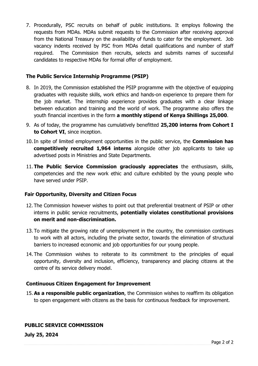 PSCKenya's tweet photo. UPDATE: PSC Statement on the Recruitment process and the Status of Public Service Internship Programme (PSIP). https://t.co/rHOxSN61mL