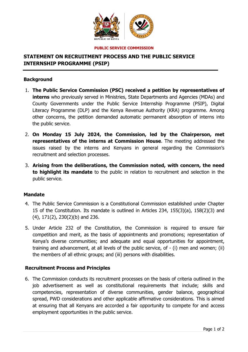 PSCKenya's tweet photo. UPDATE: PSC Statement on the Recruitment process and the Status of Public Service Internship Programme (PSIP). https://t.co/rHOxSN61mL