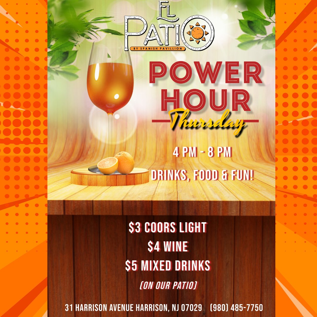 SpanishPav's tweet photo. 🍻✨ Thirsty Thursday Alert! ✨🍷 Meet us at the Patio for an electrifying Power Hour! Chill with $3 Coors Light, savor $4 Wines, and mix it up with $5 Mixed Drinks. It's Patio o'clock! #PowerHour #PatioVibes https://t.co/C62GGdzLWK