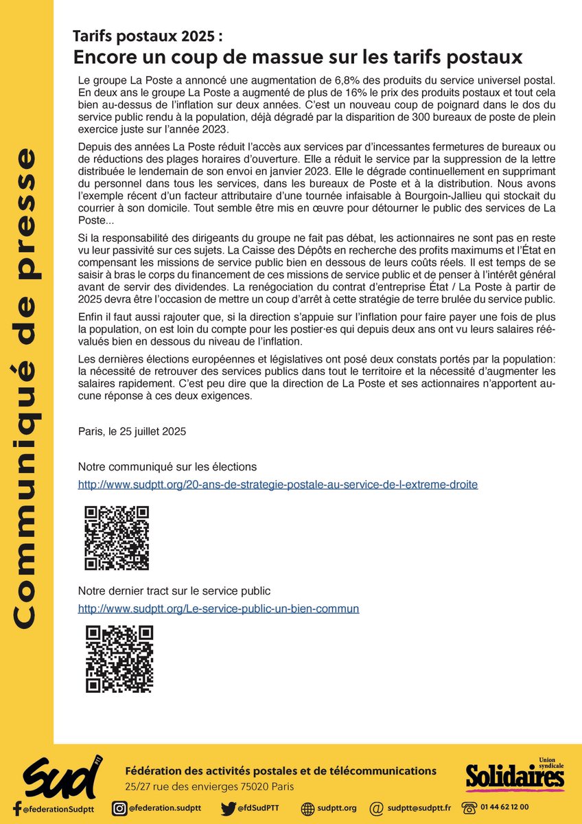 Tarifs postaux 2025 :
Encore un coup de massue sur les tarifs postaux !