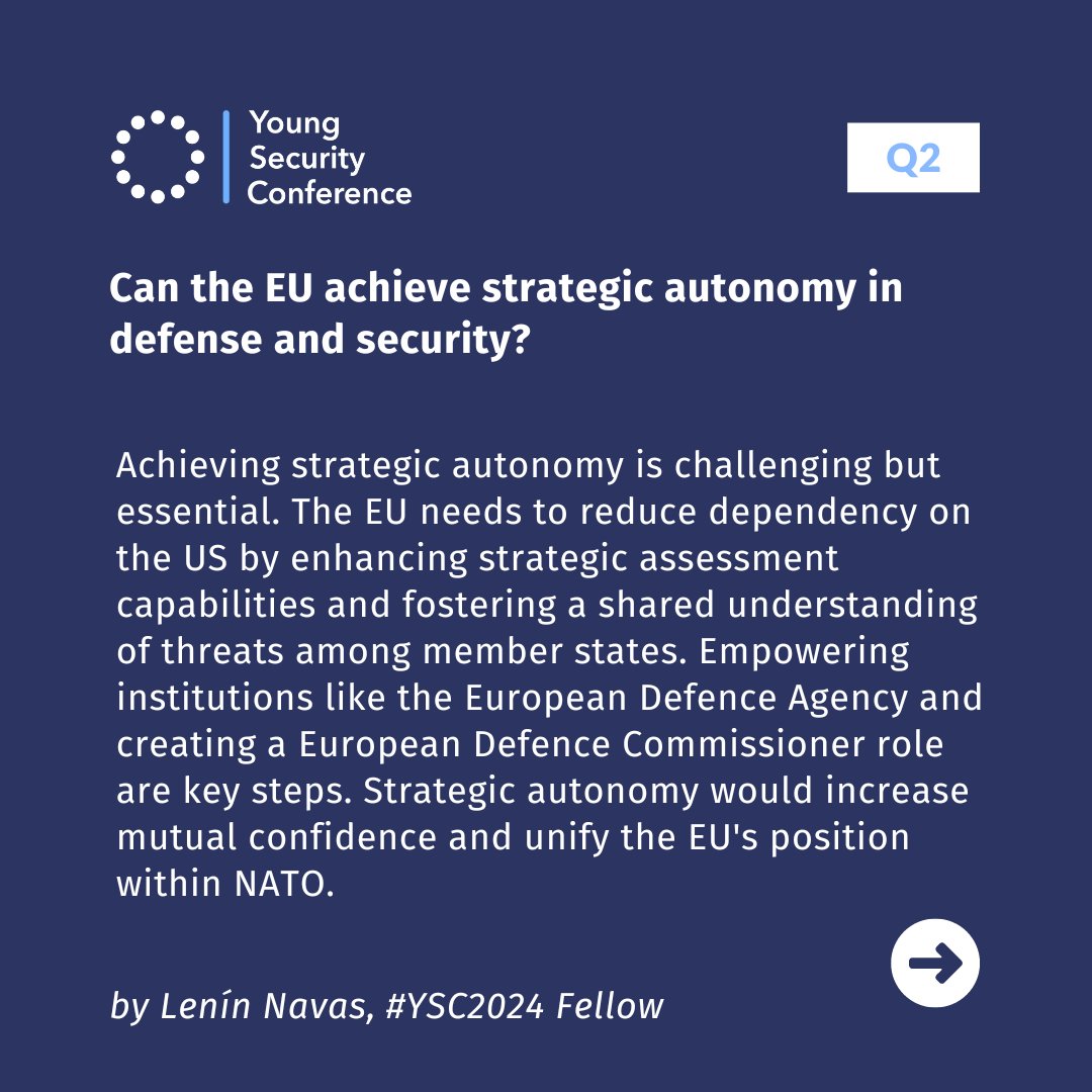 YSConference's tweet image. 🚨 Hot off the press! Lenín Navas' #YSC2024 Fellow article, "How Can the EU Be Secure in an Insecure World?" is a must-read!  🌍🔐

Explore strategies for EU strategic autonomy &amp;amp; defense.📈🛡️ Read it here: lnkd.in/epZtkjS9

#EU #Security #Defense #StrategicAutonomy
