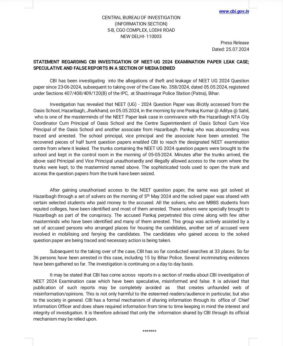 CBIHeadquarters's tweet photo. STATEMENT REGARDING CBI INVESTIGATION OF NEET-UG 2024 EXAMINATION PAPER LEAK CASE; SPECULATIVE AND FALSE REPORTS IN A SECTION OF MEDIA DENIED https://t.co/3Ucdub6U8l