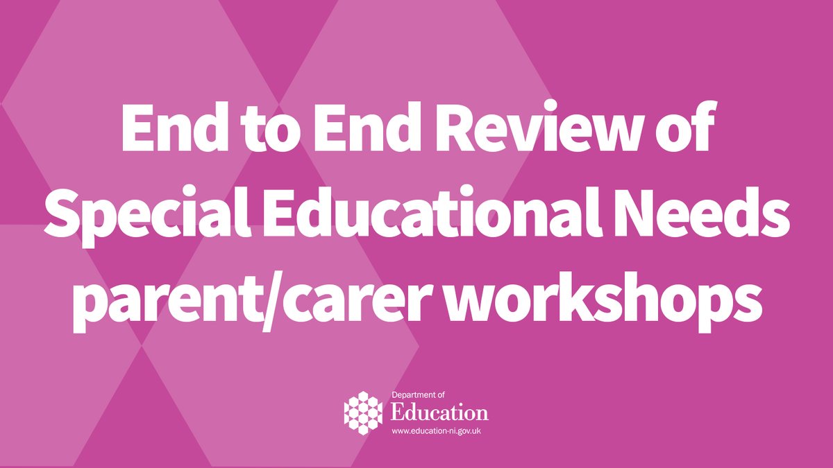 Education_NI's tweet image. The Department is hosting parent/carer workshops in Donaghadee and Derry/Londonderry as part of their End to End Review of Special Educational Needs around the issues of: Transitions (education to adulthood), Statutory Assessment and Statementing, and Classroom Assistants.…