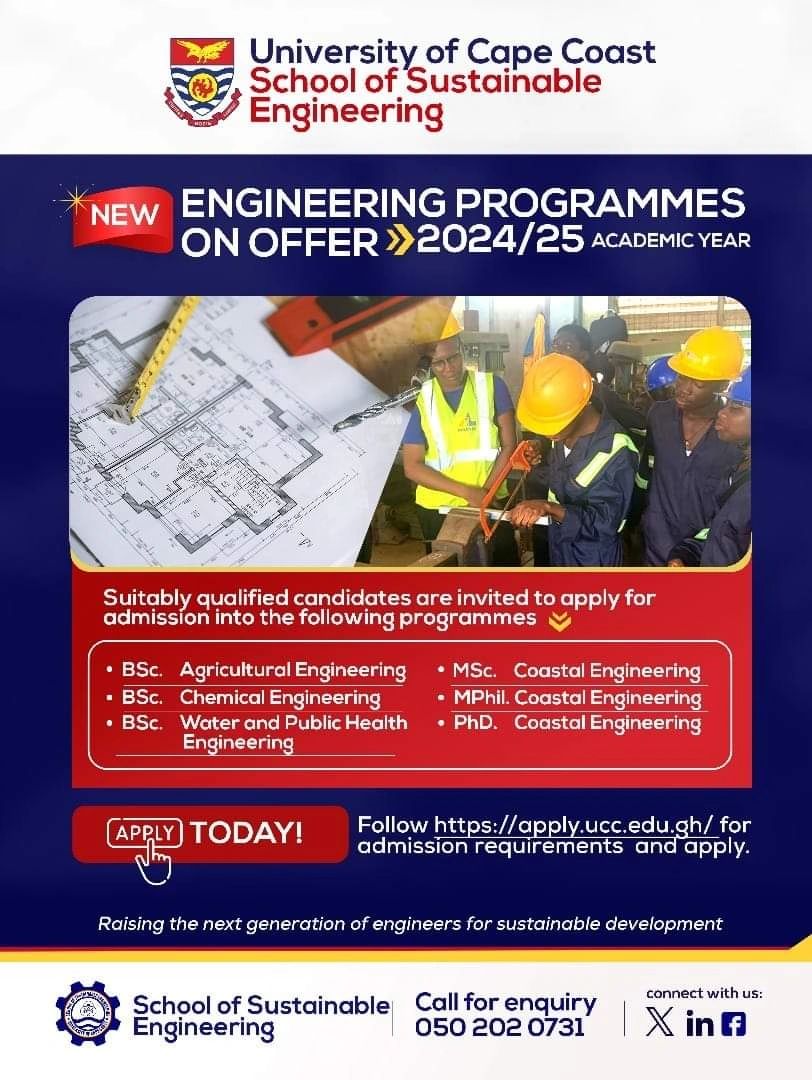 ADMC_InspirED's tweet image. Exciting News Alert! 🔔🌟
New Engineering Programmes now available at the University of Cape Coast (UCC)!
For enquiries and information on these fresh programmes, please call 0502020731.
#EngineeringProgrammes #UCC #Innovation