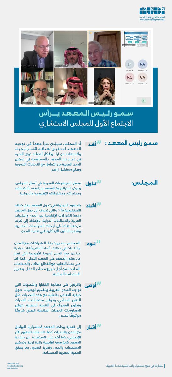 عقد المجلس الاستشاري  لـ #المعهد_العربي_لإنماء_المدن اجتماعه الأول برئاسة صاحب السمو الدكتور فيصل بن عياف، أمين منطقة الرياض ،رئيس المعهد.
وخلال الاجتماع، ناقش المجلس تقرير برامج المعهد وأنشطته لعام ٢٠٢٤، وأصدر عدداً من التوصيات لتطوير أعمال المعهد وتعزيز مساهمته في التنمية